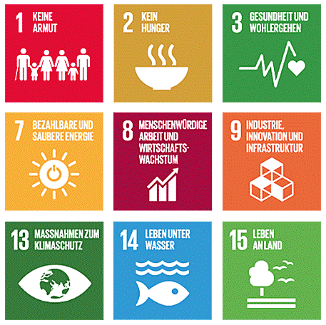 Icons der SDGs 1,2,3,7,8,9,13,14,15